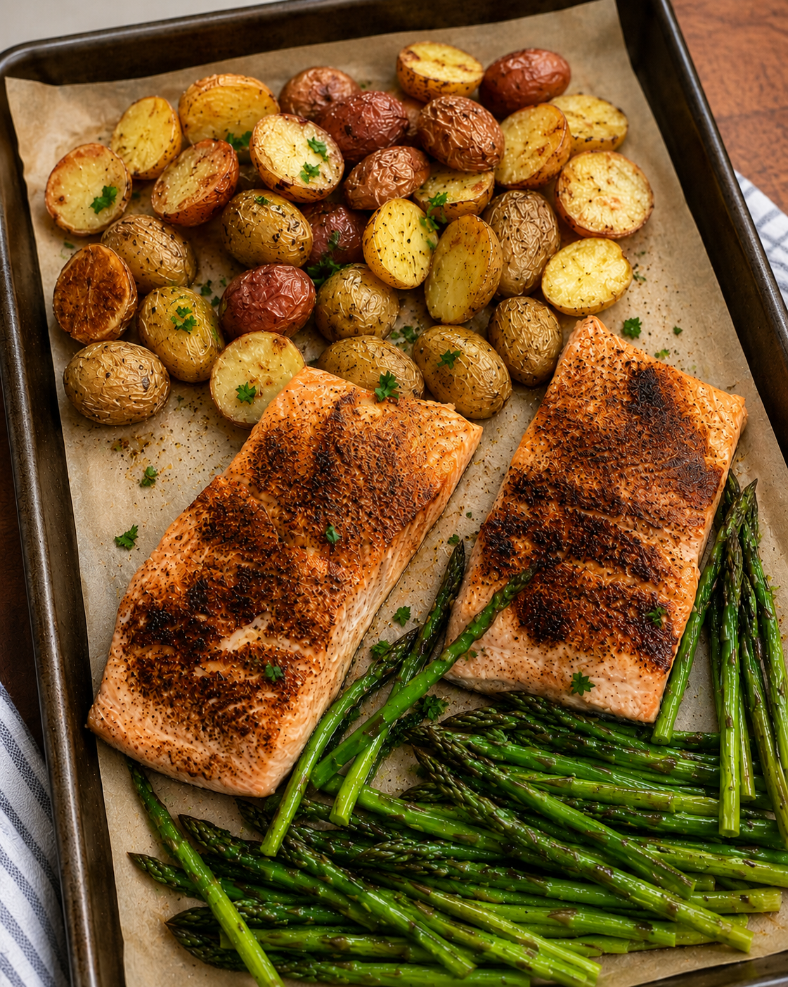 Blackened salmon with roasted potatoes and asparagus on a sheet pan